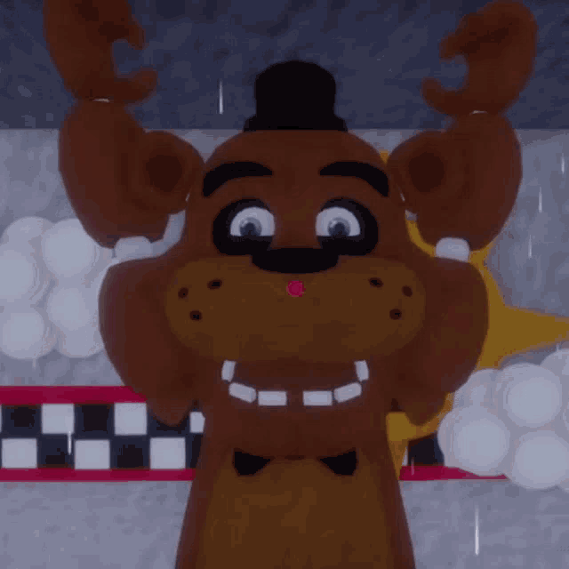 a brown teddy bear with a black top hat and a red nose