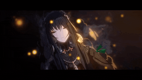 a girl with long black hair and red eyes is standing in the dark