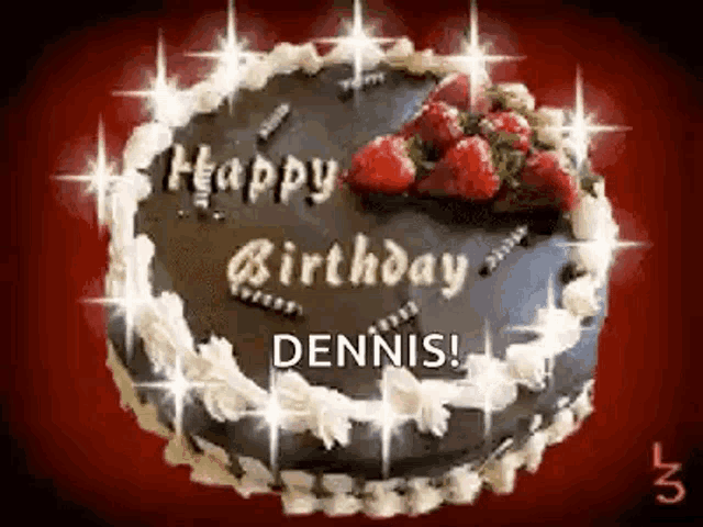 a birthday cake with strawberries on top and the words `` happy birthday dennis '' on it .