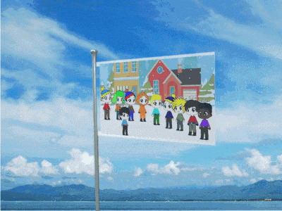 a flag with a picture of south park characters is flying in the wind