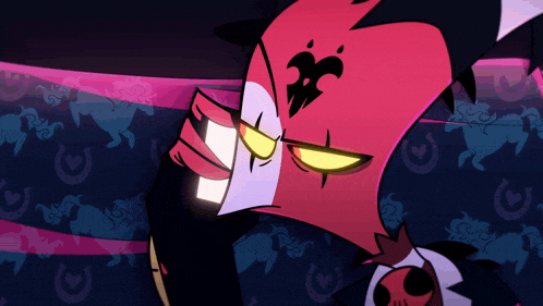 a red and white cartoon character with yellow eyes