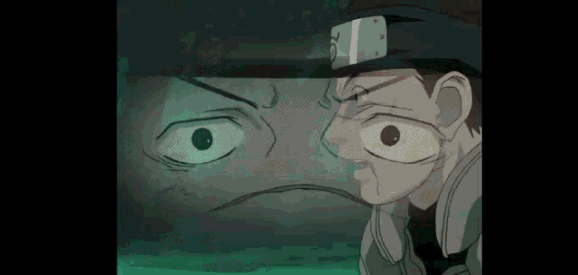 a close up of a cartoon character 's face with a large eye