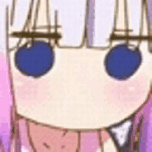 a close up of a cartoon girl 's face with blue eyes .