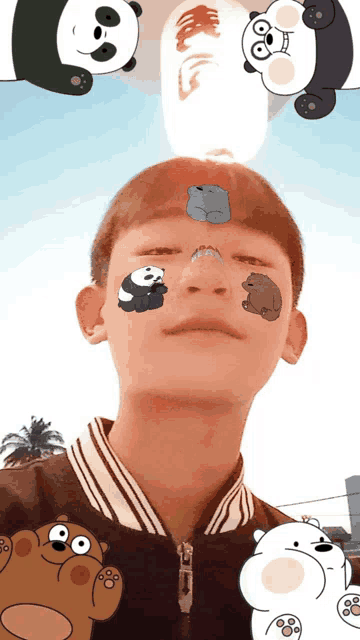a boy with cartoon bears on his face including panda bears and polar bears