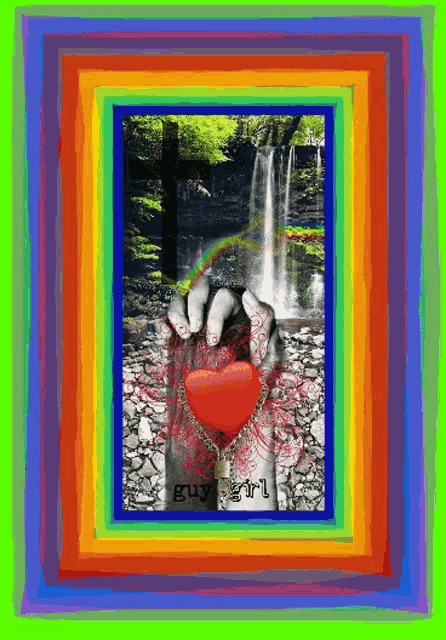 a picture of a person holding a heart in front of a waterfall with the words guy girl on the bottom
