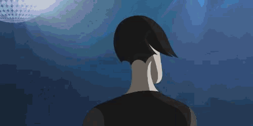 a cartoon drawing of a woman with black hair and blue eyes