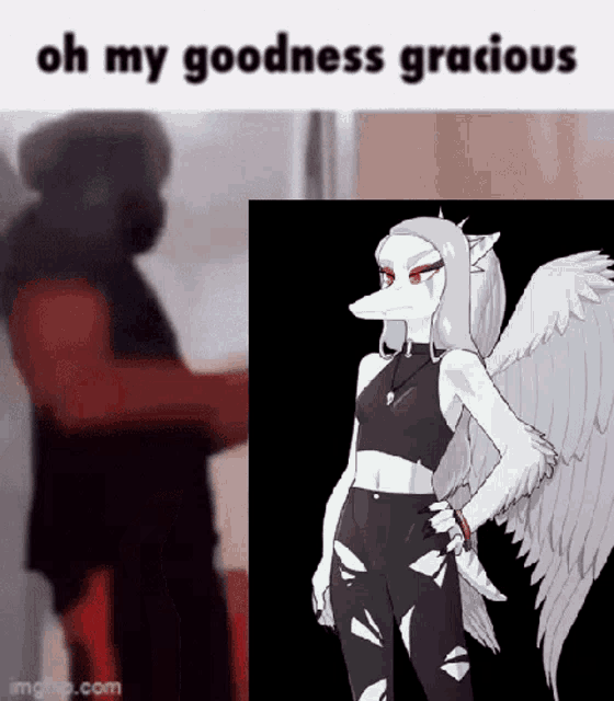 a cartoon character with wings and the words oh my goodness gracious on the bottom