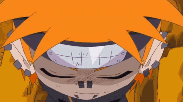 a cartoon character with orange hair has a bandage on his forehead that says ' i / n ' on it