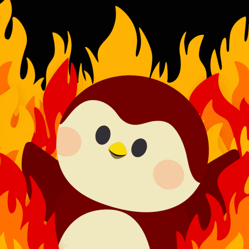 a penguin is surrounded by flames and looks like it is on fire