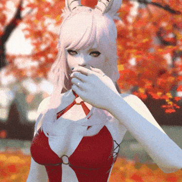 a woman in a red bodysuit with horns on her head
