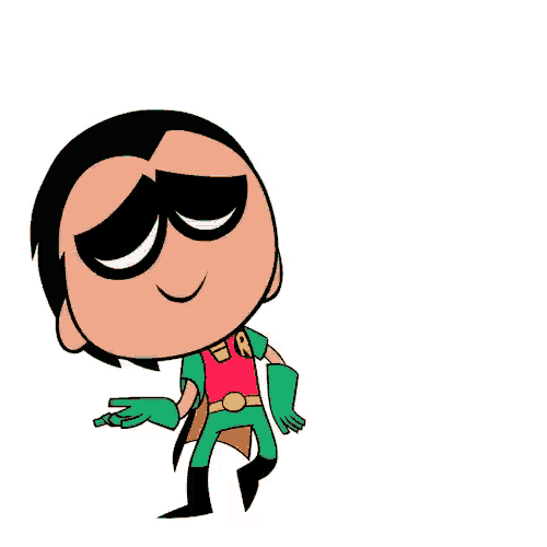 robin from teen titans go is wearing a red and green superhero costume and waving .