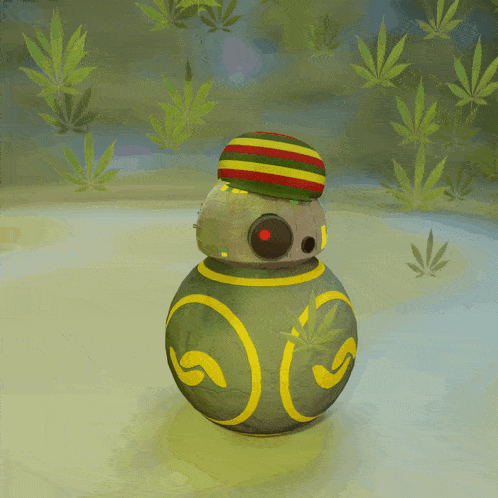 a robot with a rasta hat on its head