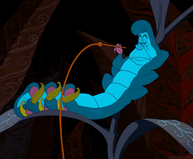 a cartoon of a caterpillar from alice in wonderland with a glowing face