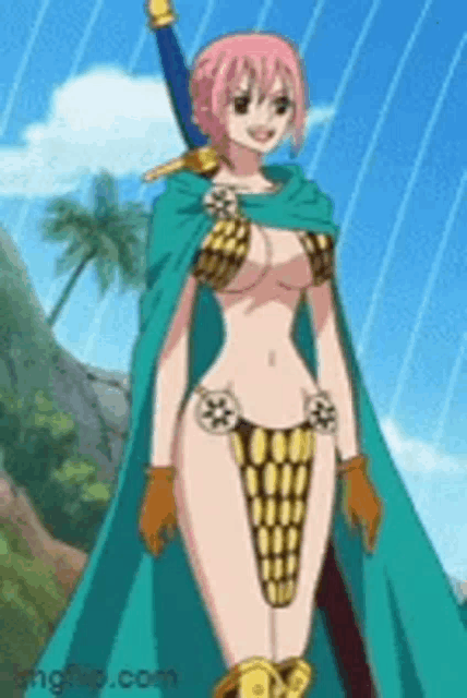 a woman with pink hair is holding a sword and wearing a bikini top .