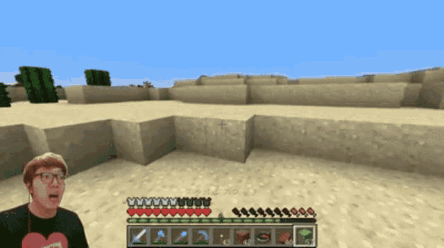 a man in a black shirt with a pink heart on it is playing minecraft