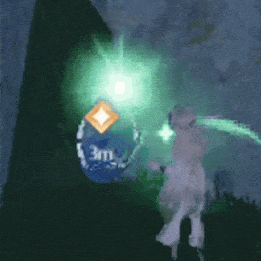 a person is standing next to a tree with a green light coming from it .
