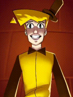 a cartoon character is wearing a yellow jacket and a black bow tie and smiling .