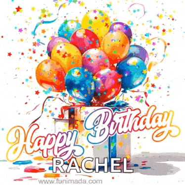 a birthday card for rachel with balloons and a gift box
