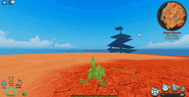 a screenshot of a video game shows a green monster in the middle of the desert