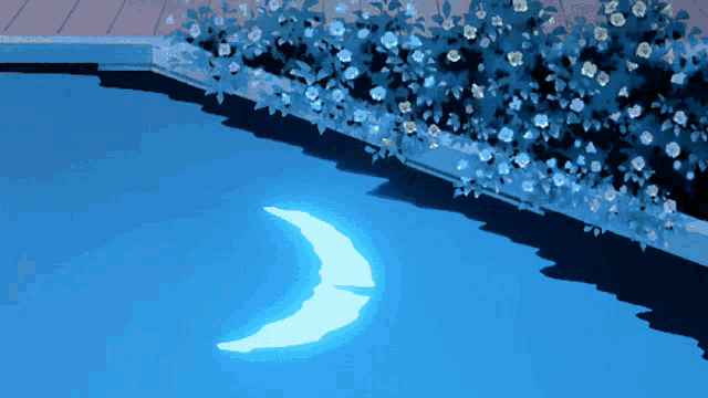 a blue crescent moon is floating in a pool