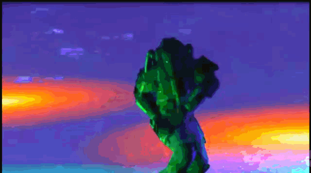 a colorful painting of a person standing in front of a colorful sky