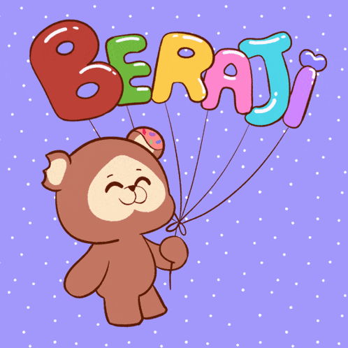 a teddy bear holding balloons with the word " beraji " written on them