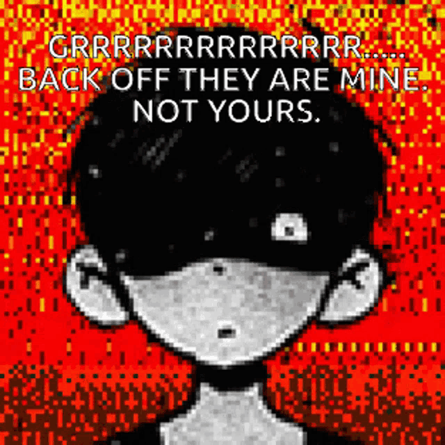 a pixel art of a boy with a mask on his face and the words `` back off they are mine , not yours . ''