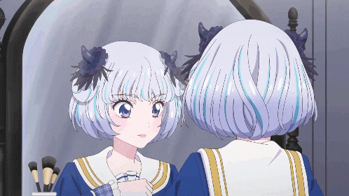a girl with white hair looks at herself in the mirror