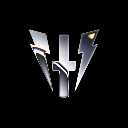 a black background with a silver lightning bolt and a cross