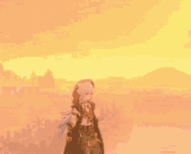 a pixelated image of a person standing in front of a monster