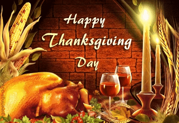 a happy thanksgiving day greeting card with a turkey and wine