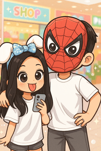 a girl with bunny ears and a man in a spider man mask pose for a picture in front of a shop