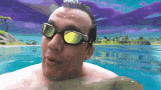 a shirtless man wearing sunglasses is swimming in a pool of water .