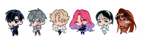 a group of cartoon characters including a girl with pink hair