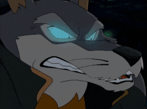 a cartoon wolf with glowing blue eyes and sharp teeth