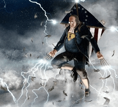 a man in a superhero costume is flying through a storm