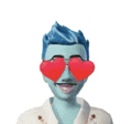 a man with blue hair is wearing sunglasses with hearts in his eyes .