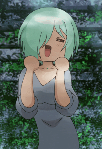 a drawing of a girl with green hair yawning