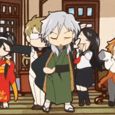 a group of anime characters are standing in a room and one of them is wearing a kimono