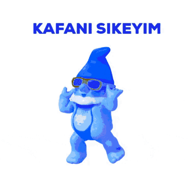 a gummy gnome wearing sunglasses and a yellow hat with the words kafani sikeyim above him