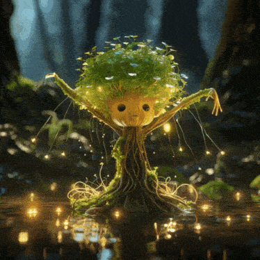 a tree with a face and arms is in a forest