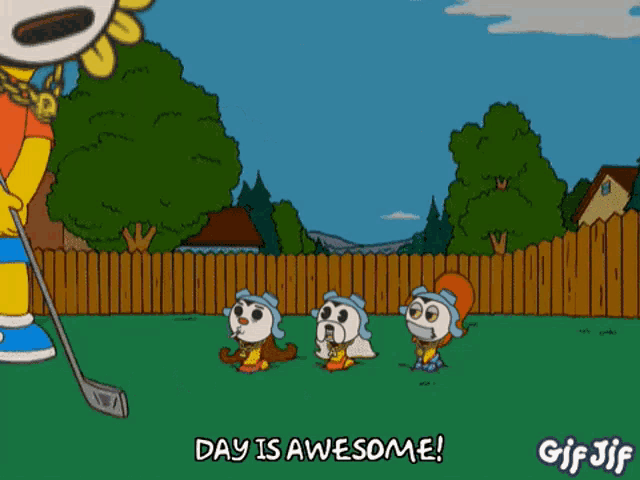 a cartoon of a sunflower holding a golf club and the words day is awesome