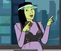 a cartoon of a woman wearing a face shield and pointing at something