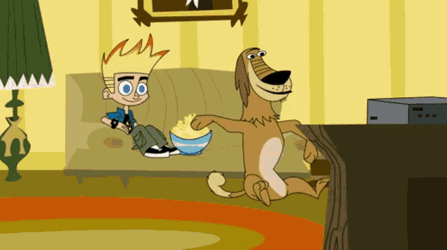 a cartoon of a boy sitting on a couch with a bowl of popcorn