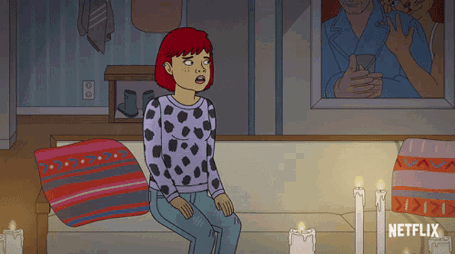 a cartoon of a woman sitting on a couch with candles in front of her and the word netflix on the bottom