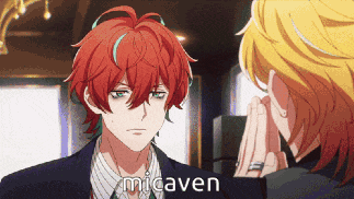 a man with red hair is looking at another man with yellow hair and the words " micaven " on the bottom right