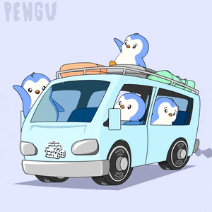 a cartoon of penguins in a van with the word pengu on the bottom right