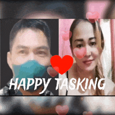a picture of a man and a woman with the words happy tasking written on it