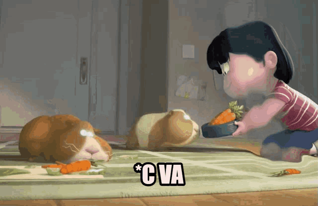 a cartoon of a girl feeding carrots to a guinea pig with the caption " cva "