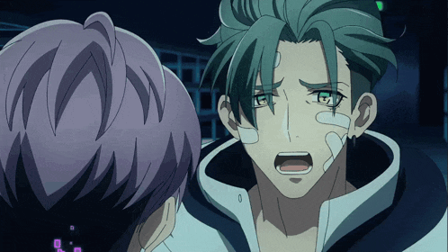 a man with a bandage on his face is talking to another man with purple hair